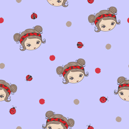 Seamless pattern with cute little girl and ladybugのイラスト素材