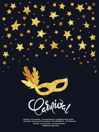 Carnival vector poster with golden mask and stars. Festival design.のイラスト素材
