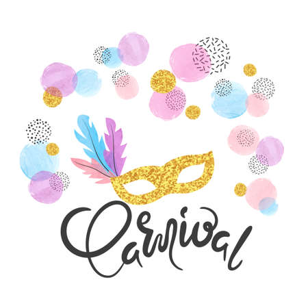 Carnival vector poster with golden mask and colorful watercolor confetti. Festival design.のイラスト素材