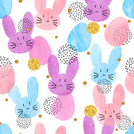Colorful vector Easter pattern with watercolor bunnies and eggs.のイラスト素材