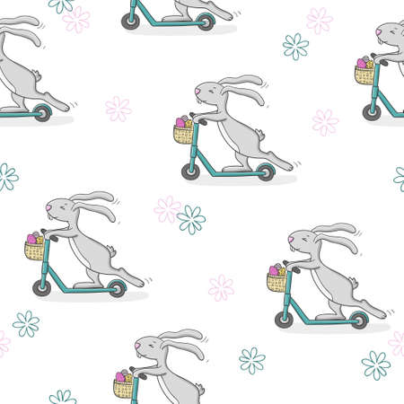Easter pattern with cute bunny riding a scooter. Vector holiday background.のイラスト素材