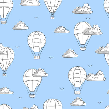 Seamless pattern with sketch flying air balloons. Vector illustration.のイラスト素材