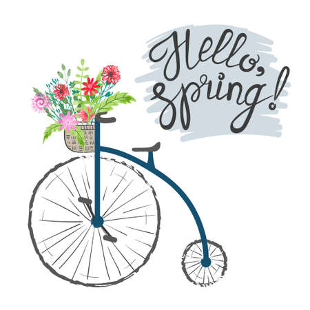 Retro bicycle with basket full of flowers. Spring vector illustration.のイラスト素材
