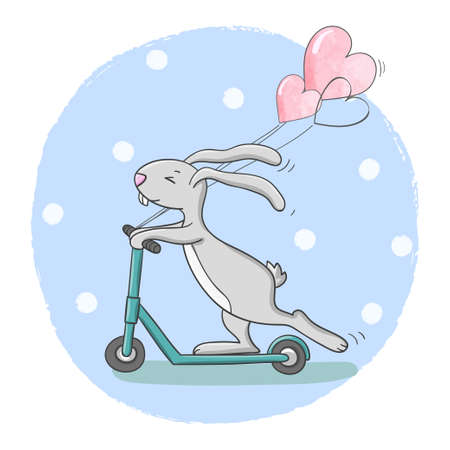 Cute cartoon rabbit with balloons riding scooter. Can be used for kids print, birthday cards design.のイラスト素材