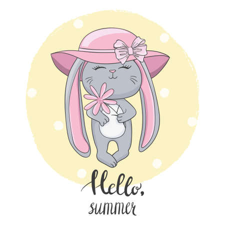 Cute cartoon bunny girl with flower and hat. Vector illustration for kids.のイラスト素材