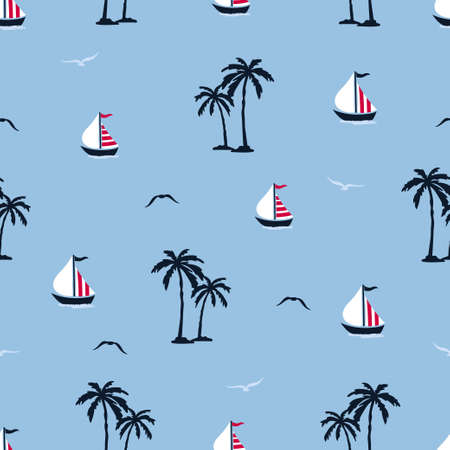 Sea summer seamless pattern with palm trees, ships, seagulls on blue background.