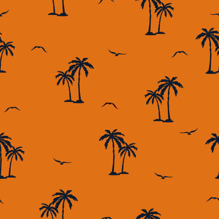 Seamless palm trees pattern. Vector tropical background with palms and seagulls silhouettes.のイラスト素材