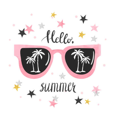 Summer poster with sunglasses and palms. Hello summer lettering, vecor illustration.のイラスト素材