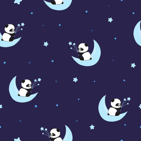 Seamless pattern with cute panda bears on the clouds. Baby print.のイラスト素材