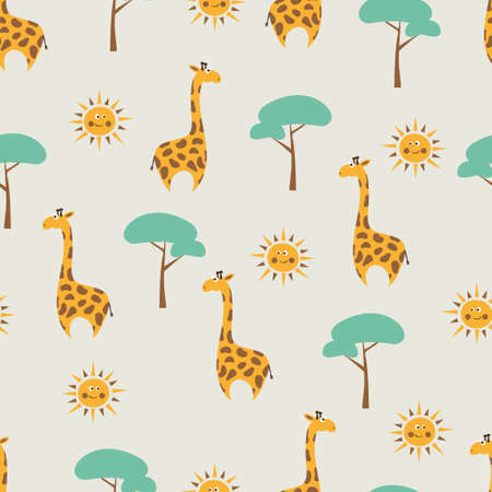 Seamless vector pattern with cute cartoon giraffe, tree and sun.のイラスト素材