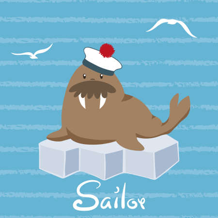 Cute cartoon walrus on ice. Vector illustration.のイラスト素材