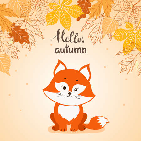 Hello Autumn card with cute little fox. Vector illustration.のイラスト素材