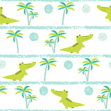 Seamless cartoon crocodiles pattern. Vector childish background with alligators and palms.のイラスト素材