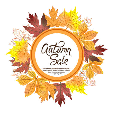 Watercolor autumn leaves vector circle sale banner.のイラスト素材