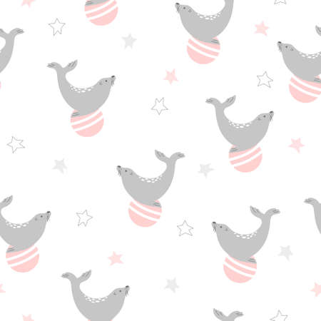 Seamless circus pattern with seal on ball. Vector childish background.のイラスト素材