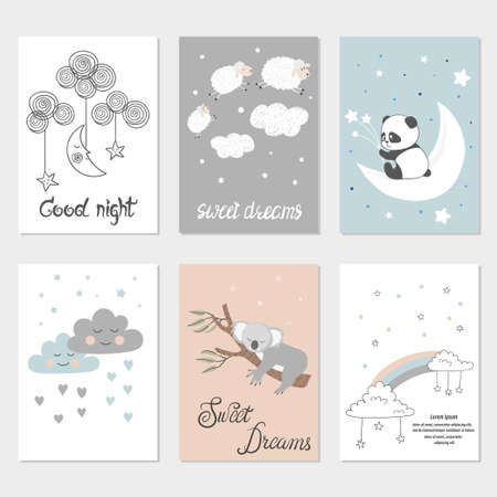 Set of night cards with cute cartoon, stars and moon. Posters for baby rooms.vector illustrations.のイラスト素材