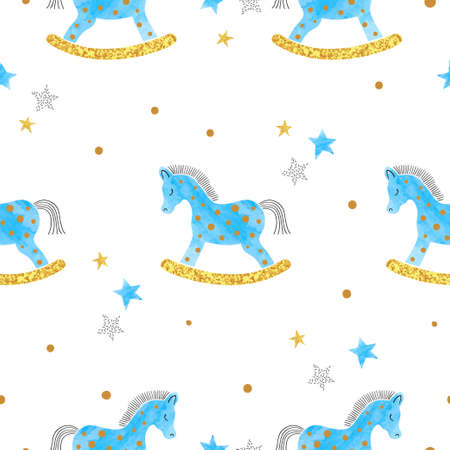 Seamless pattern with blue watercolor rocking horse. Baby shower print.のイラスト素材