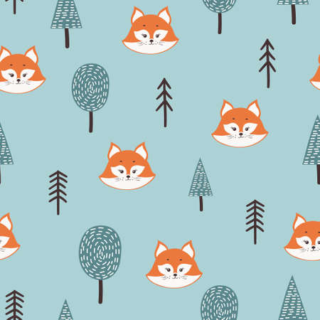 Seamless pattern with cute fox a nd abstract trees. Forest childish background.のイラスト素材