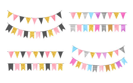 Set of colorful watercolor bunting party flags. Vector illustration, suitable for birthday party, wedding celebration.のイラスト素材