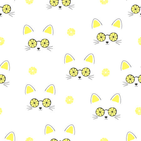 Seamless summer pattern with cute cats in sunglasses and lemons.のイラスト素材