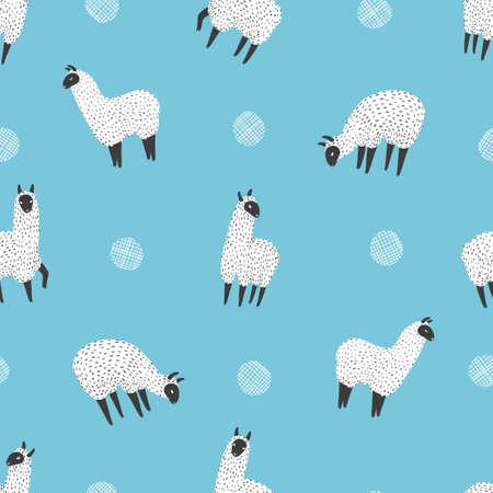 Cute llama seamless pattern. Vector blue background with hand drawn alpaca lama.のイラスト素材