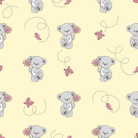 Seamless pattern with cute cartoon Teddy bears and butterflies. Vector baby background.のイラスト素材