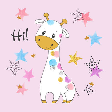 Cute cartoon giraffe and stars. Colorful vector illustration.のイラスト素材