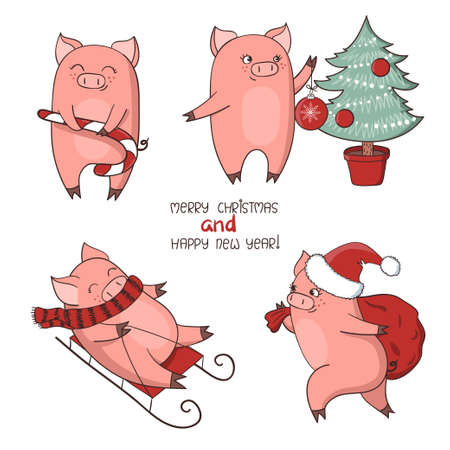 Christmas set of cute little pigs. New Year symbol.  Vector illustration.のイラスト素材