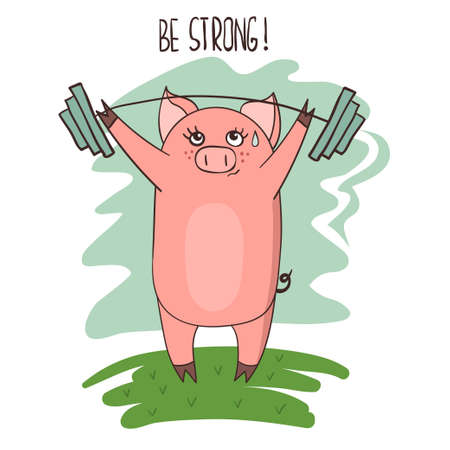 Cute cartoon weightlifter pig lifting the barbell. Vector illustration.のイラスト素材