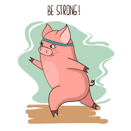 Cute cartoon running pig. Vector fitness illustration.のイラスト素材