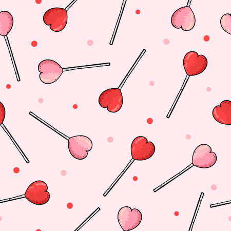 Seamless vector pattern with cartoon heart shaped lollipops.のイラスト素材