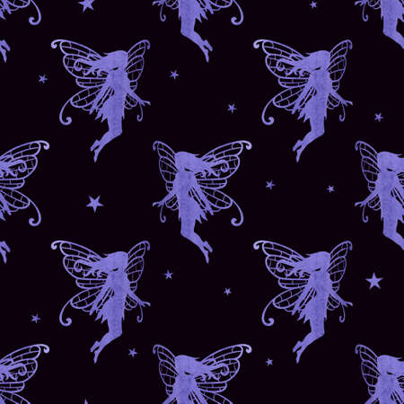 Seamless magical pattern with watercolor purple fairy and stars.のイラスト素材