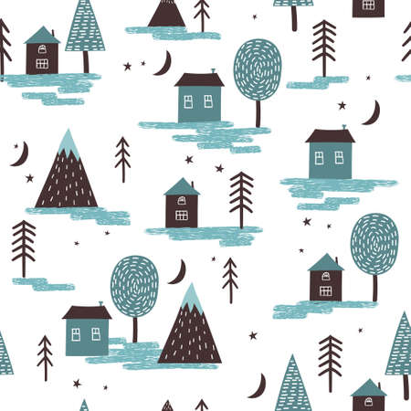 Seamless scandinavian pattern with hand drawn houses, mountains and trees.のイラスト素材