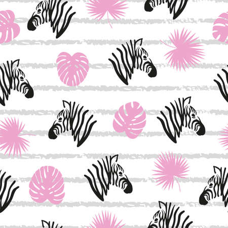 Seamless striped abstract pattern with zebra heads and tropical leaves.のイラスト素材