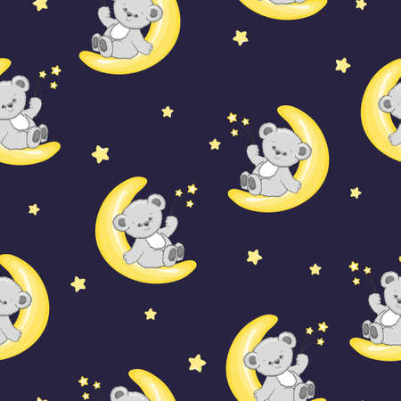 Seamless night pattern with cute Teddy bear on the moon. Baby print.のイラスト素材