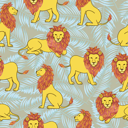 Vector seamless pattern with hand drawn lions.のイラスト素材