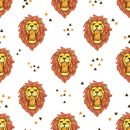 Vector seamless pattern with roaring lions and triangles.のイラスト素材