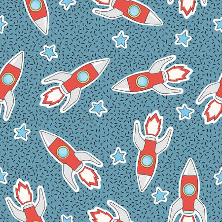 Seamless childish space pattern. Vector background with rockets and stars.のイラスト素材