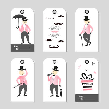 Vector set of gift tags with funny victorian gentleman. Fathers day card design.のイラスト素材