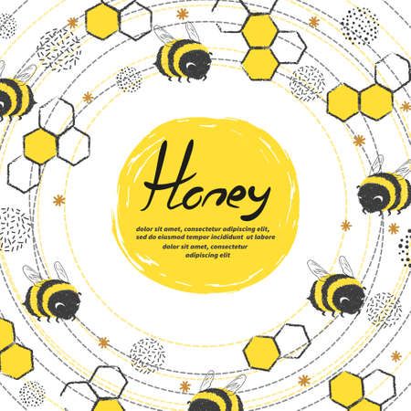 Honey frame with honeycomb and bee. Vector background.のイラスト素材