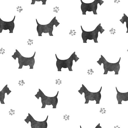 Seamless watercolor black dog pattern.のイラスト素材