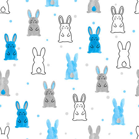 Cute watercolor bunny pattern. Seamless vector background with rabbits for kids design.のイラスト素材