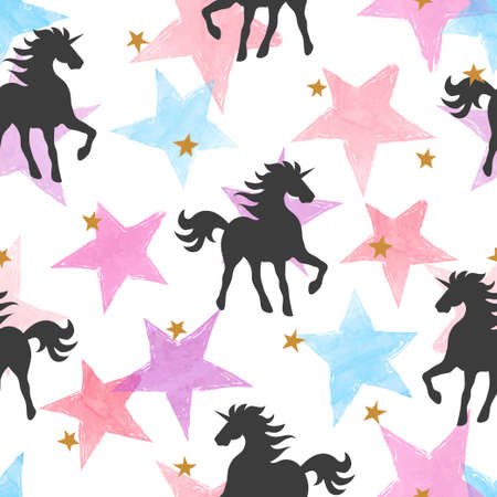 Vector seamless pattern with unicorns and colorful  stars.のイラスト素材
