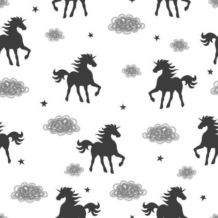 Vector seamless black and white pattern with unicorns and clouds.のイラスト素材