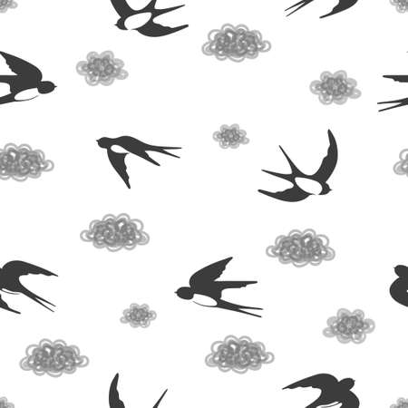Seamless black and white pattern with flying swallows and clouds.のイラスト素材