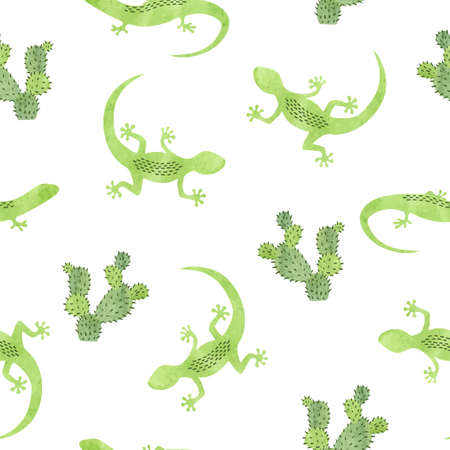 Vector seamless pattern with green  lizard and cactus.のイラスト素材