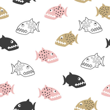 Seamless cartoon piranha pattern. Vector fish background for kids.のイラスト素材
