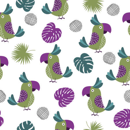 Seamless tropical pattern with cartoon parrots and palm leaves.のイラスト素材