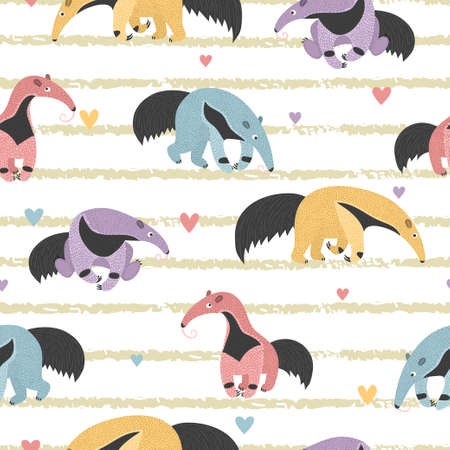 Seamless vector pattern with cute colorful ant-eater on striped background.のイラスト素材