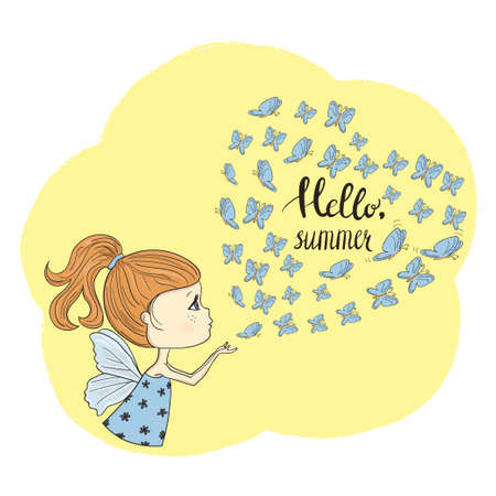 Cute little girl with butterflies. Hello summer, vector illustration.のイラスト素材